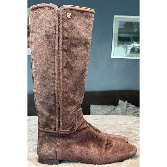 Tory Burch Irene Brown Suede Square Toe Equestrian Tall Flat Boots Womens 9 - Picture 1 of 14